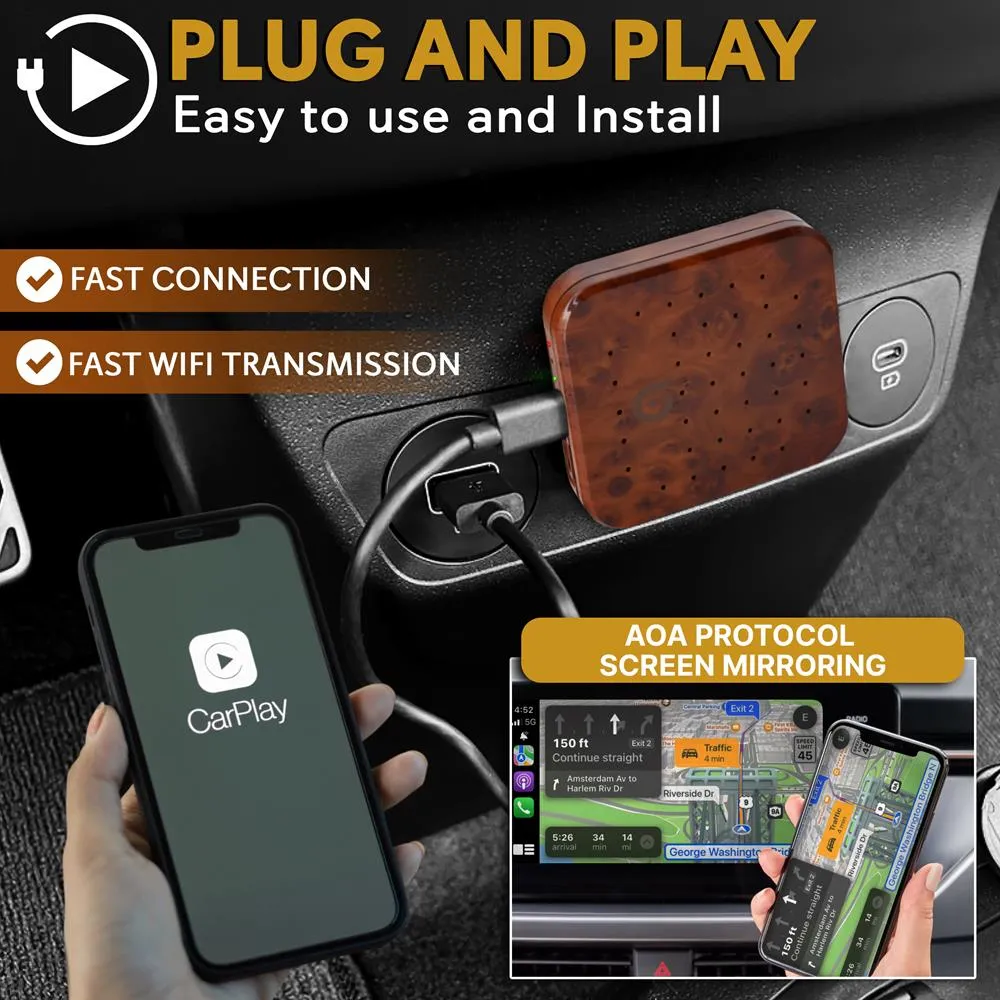 Wireless Carplay & Android System Ia Box -   4Gb Ram 64Gb Rom, 2.4Ghz/5Ghz Dual-Band Wifi Bt Quad-Core 64Bits D/4K Full Hd/H.265/Usb3.0 Android Box, Screen Mirroring, Install Android Apps (Wood Finish)