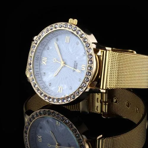 Women Rhinestone Gold Plated Metal Wrist Watch