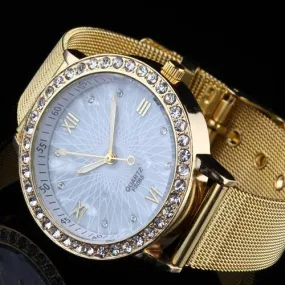 Women Rhinestone Gold Plated Metal Wrist Watch