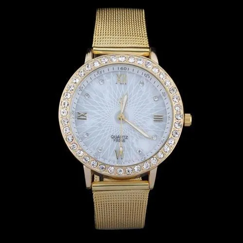 Women Rhinestone Gold Plated Metal Wrist Watch