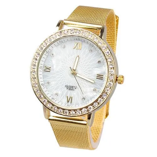 Women Rhinestone Gold Plated Metal Wrist Watch